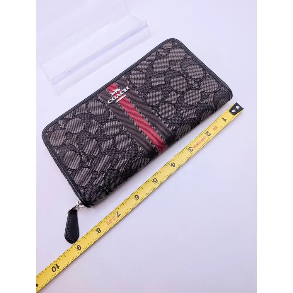 Authentic Coach Signature Varsity Stripe Zip Around Wallet Black Red